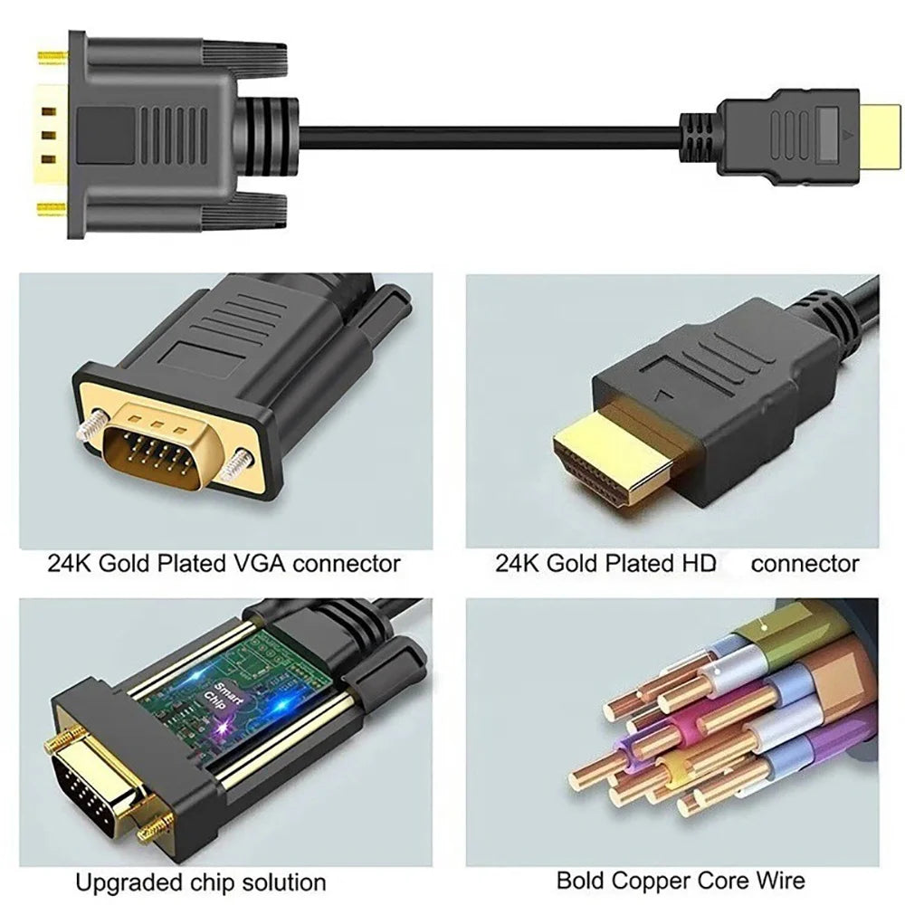 1.8M HDMI to VGA Adapter Cable - 1080P 60Hz Full HD Video Converter Cord for Laptop PC Monitor Projector