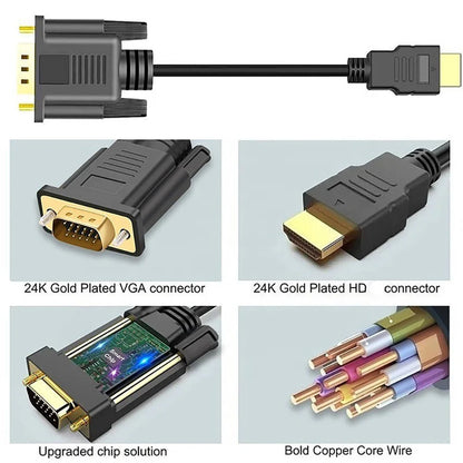 1.8M HDMI to VGA Adapter Cable - 1080P 60Hz Full HD Video Converter Cord for Laptop PC Monitor Projector