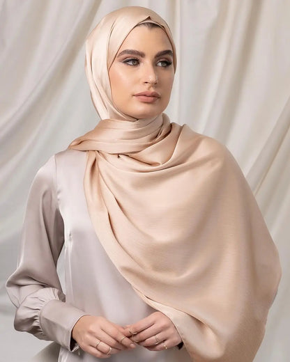 Trendy Long Satin Crinkle Hijab – Silk Crepe Islamic Headscarf for Muslim Women, Lightweight & Stylish