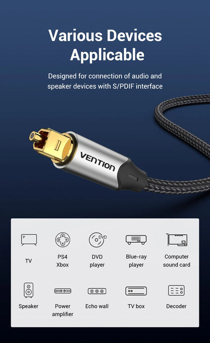 Vention Digital Optical Audio Cable – Toslink SPDIF Coaxial, 1m/2m for Amplifiers, Blu-ray, Xbox 360, PS4, Soundbar Fiber Cable