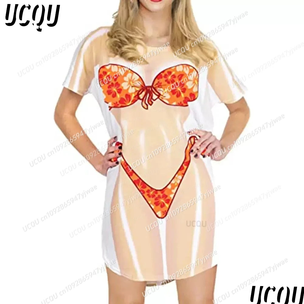 Women's 3D Bikini Print T-Shirt Dress - Casual Short Sleeve Summer Sleep & Home Dress