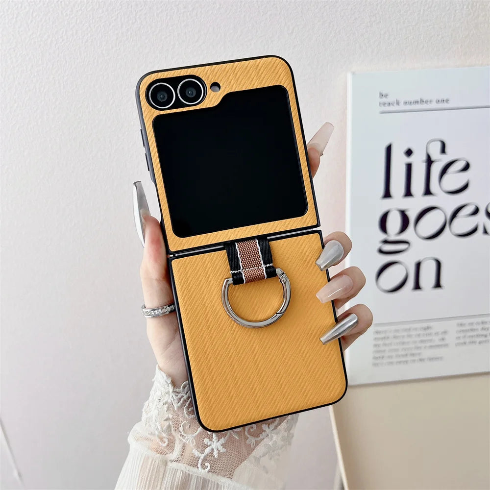 Ultra-Thin Ring Holder PU Leather Luxury Case for Samsung Galaxy Z Flip 6 / 5 / 4 / 3 – Slim Flip Phone Protective Cover with Kickstand Grip Design