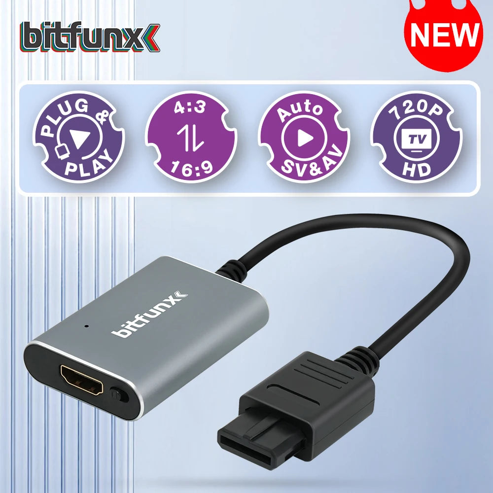 Bitfunx 720P HDMI Adapter – S-Video & AV to HDTV Converter for N64, SNES, SFC, NGC, NTSC & PAL Consoles