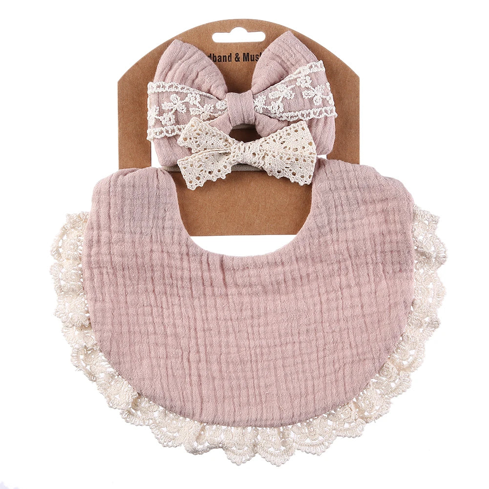 3PCS Baby Bib Set – Solid Muslin Cotton & Bamboo Feeding Drool Burp Cloth with Tassel Lace, Adjustable Infant Scarf for Boys & Girls