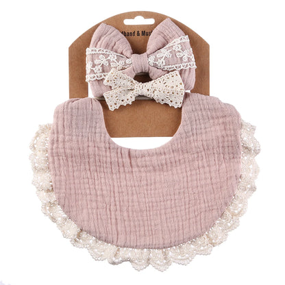 3PCS Baby Bib Set – Solid Muslin Cotton & Bamboo Feeding Drool Burp Cloth with Tassel Lace, Adjustable Infant Scarf for Boys & Girls
