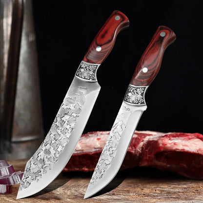 Kitchen Boning Knife Set - Stainless Steel Chef's Meat Cleaver, Butcher Knife, and Fruit Paring Knife with Wood Handle for Cutting Meat, Pork, Beef, and Fish