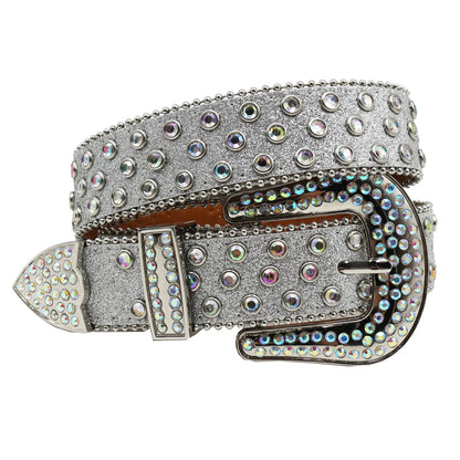 Women’s Rhinestone Skull Leather Belt – Luxury Designer Studded Strap for Jeans, White & Black