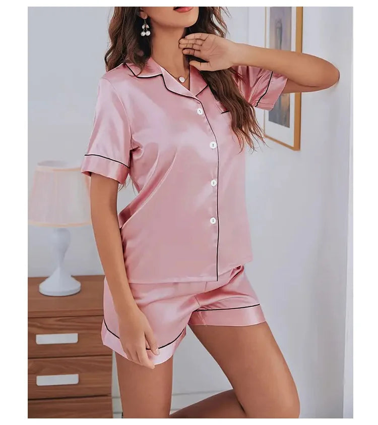 Women's Satin Pajamas Set – Summer Two-Piece Sleepwear with Button-Down Top and Shorts, Comfortable Nightwear Loungewear