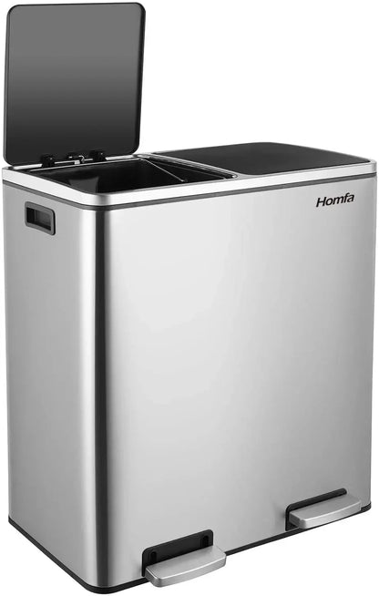 60L Dual Compartment Kitchen Step Trash Can – Hands-Free, Soft-Close Lid, Brushed Stainless Steel