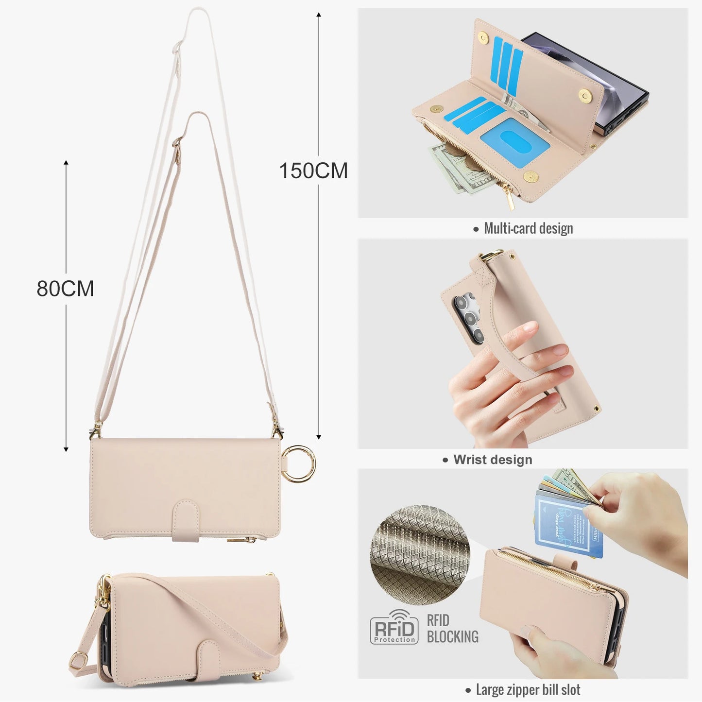 Crossbody Leather Wallet Case with Card Slots, Zipper & Kickstand for Samsung Galaxy Z Fold 3/4/5/6 – Wristband & Ring Holder