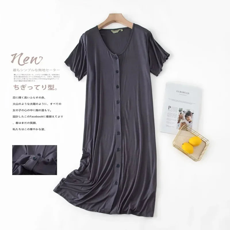 Women’s Modal Short-Sleeve Night Dress – Mid-Length Cotton Sleep Top with Buttons, Plus Size Pajamas