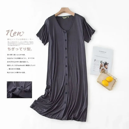 Women’s Modal Short-Sleeve Night Dress – Mid-Length Cotton Sleep Top with Buttons, Plus Size Pajamas