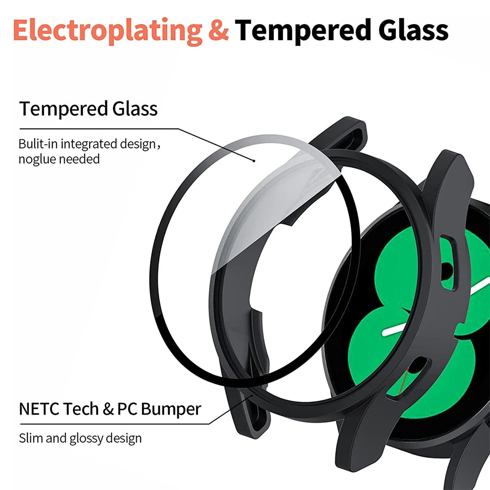 Tempered Glass & PC Bumper Case for Samsung Galaxy Watch 4/5/6/7/8 – Full Coverage Protective Cover (40mm & 44mm)