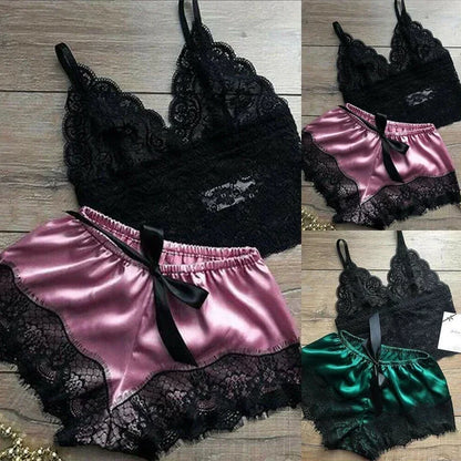 Women's Lace Babydoll Sleepwear Set - V-Neck Sleeveless Lingerie Top & Shorts