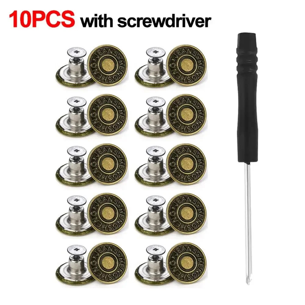 10Pcs 17mm Metal Jeans Buttons – No-Sew Screw Replacement Repair Kit for Pants & Denim