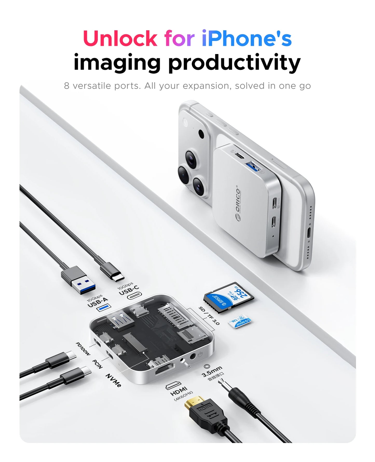 ORICO 10Gbps M.2 2230 NVMe SSD Enclosure – USB-C 4K60Hz Dock with SD/TF Reader & 100W PD Charging Station for iPhone