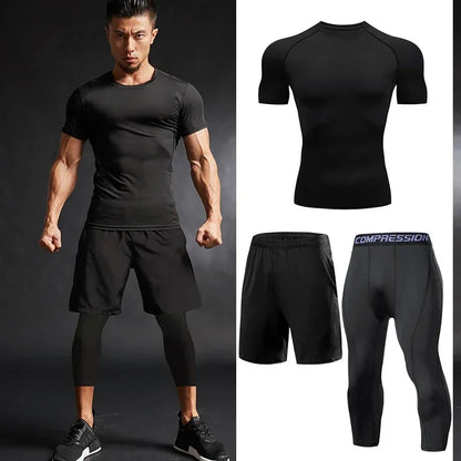 Men's Running Tracksuit Set - Compression Fitness Sportswear With Leggings, Gym Tights & Training Sweatpants
