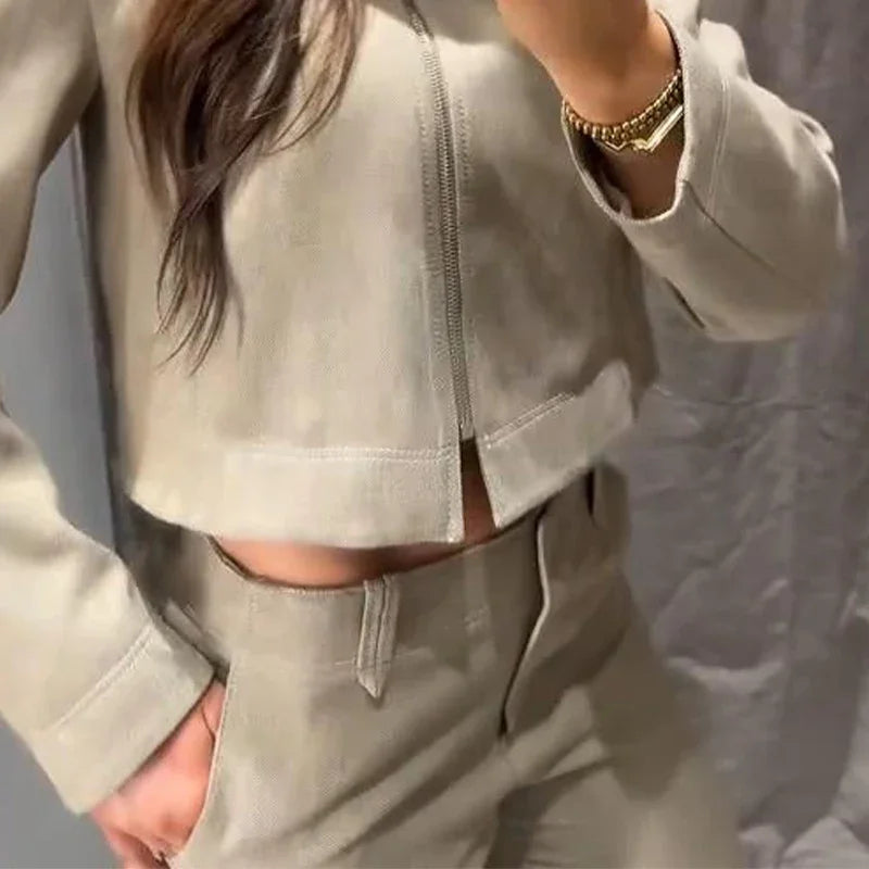 Women’s Cotton Linen Trousers Set — Casual Lapel Crop Top & Straight Pants Streetwear Spring Autumn Outfit