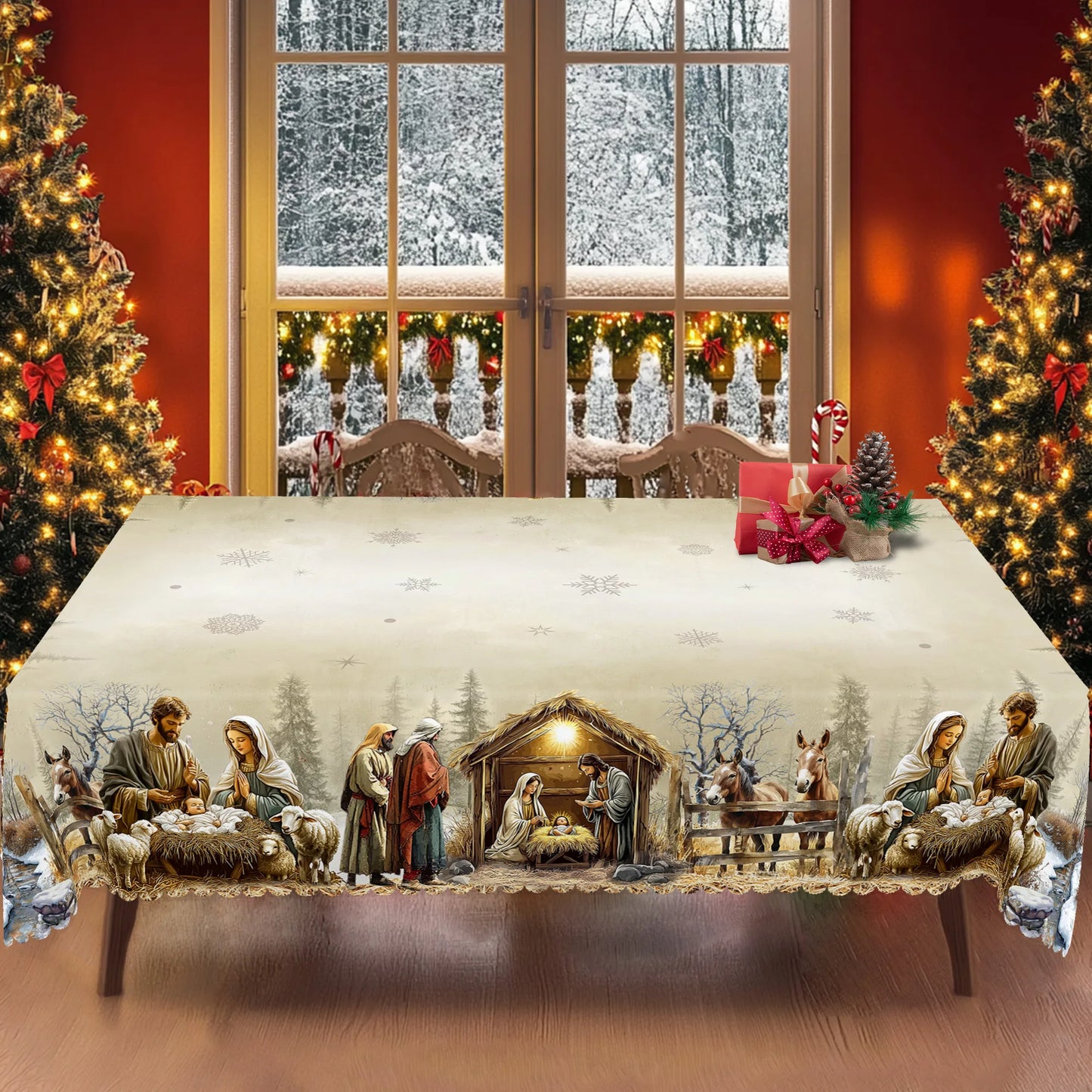Christmas Nativity Scene Tablecloth – Yule Home Party Decor for Indoor & Outdoor, Round & Rectangular Tables
