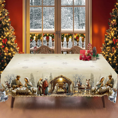 Christmas Nativity Scene Tablecloth – Yule Home Party Decor for Indoor & Outdoor, Round & Rectangular Tables