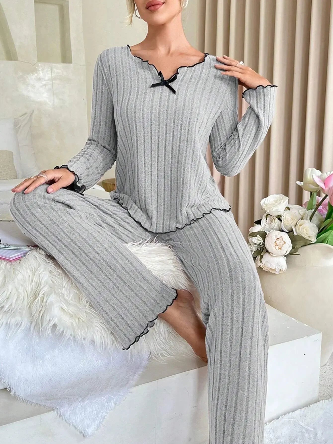 Women’s Autumn & Winter Ribbed Pajama Set – Long-Sleeve Top and Pants, 2-Piece Casual Homewear Loungewear