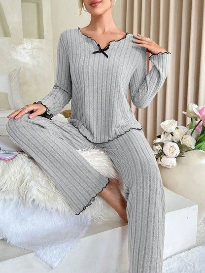 Women’s Autumn & Winter Ribbed Pajama Set – Long-Sleeve Top and Pants, 2-Piece Casual Homewear Loungewear