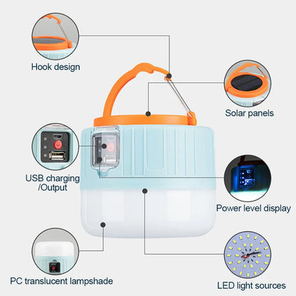 Solar LED Camping Light - Waterproof, Rechargeable Tent Lamp, Portable Lantern for Emergencies, Market, and Energy Saving Bulb