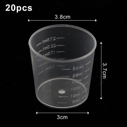 20/100PCS Transparent Plastic Measuring Cups – Disposable Liquid Containers for Epoxy Resin, Silicone Mold, DIY Jewelry Making