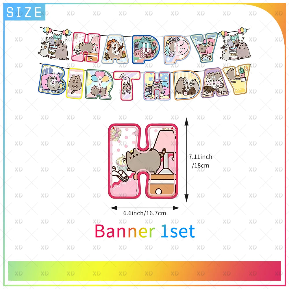 Cute Cat Birthday Party Decorations - Kawaii Balloon Set, Cake Toppers, Bunting Banner, and Party Backdrop Supplies