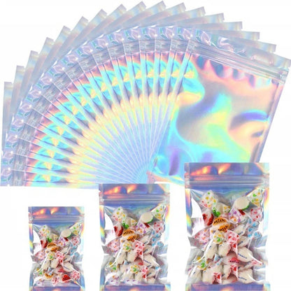 50pcs Thick Smell-Proof Mylar Bags – Holographic Laser Color Plastic Packaging Pouch, Zip Lock for Jewelry & Gifts