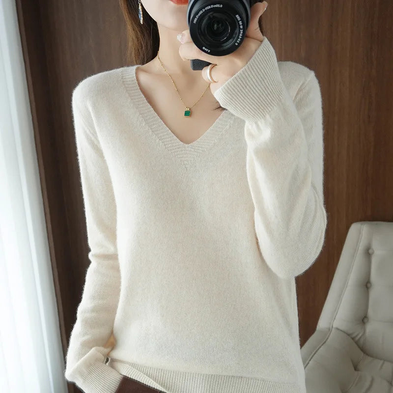 New Women’s Cashmere V-Neck Pullover – Lace Hollow Out Long Sleeve Knitted Sweater for Fall & Winter
