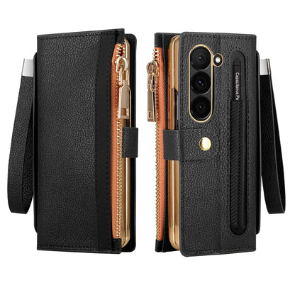 Leather Card Wallet Case with S Pen Slot for Samsung Galaxy Z Fold 6/5/4/3/2 — Multifunctional Zipper Protection Cover