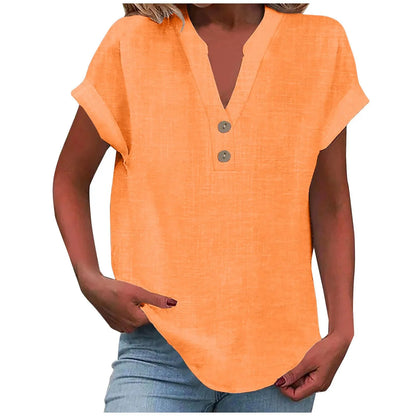 Women’s Cotton Linen Button-Down V-Neck Shirt – Breathable Solid Color Summer Office Casual Top 2025