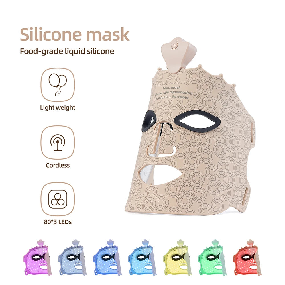 7-Color Photon Silicone LED Face Mask — 3D Facial Beauty Device with Red Light Therapy for Skin Repair & Brightening, Wireless Use