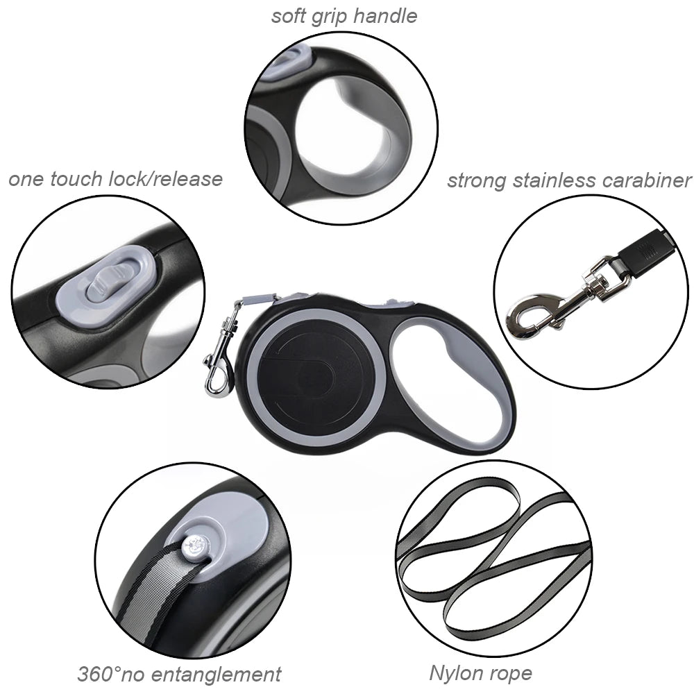 Retractable Dog Leash Roulette Collar - Adjustable Durable Walking Hiking Bulldog Rope for Small Big Dog (3m/5m/8m, 50kg)