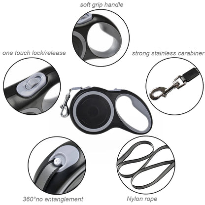Retractable Dog Leash Roulette Collar - Adjustable Durable Walking Hiking Bulldog Rope for Small Big Dog (3m/5m/8m, 50kg)
