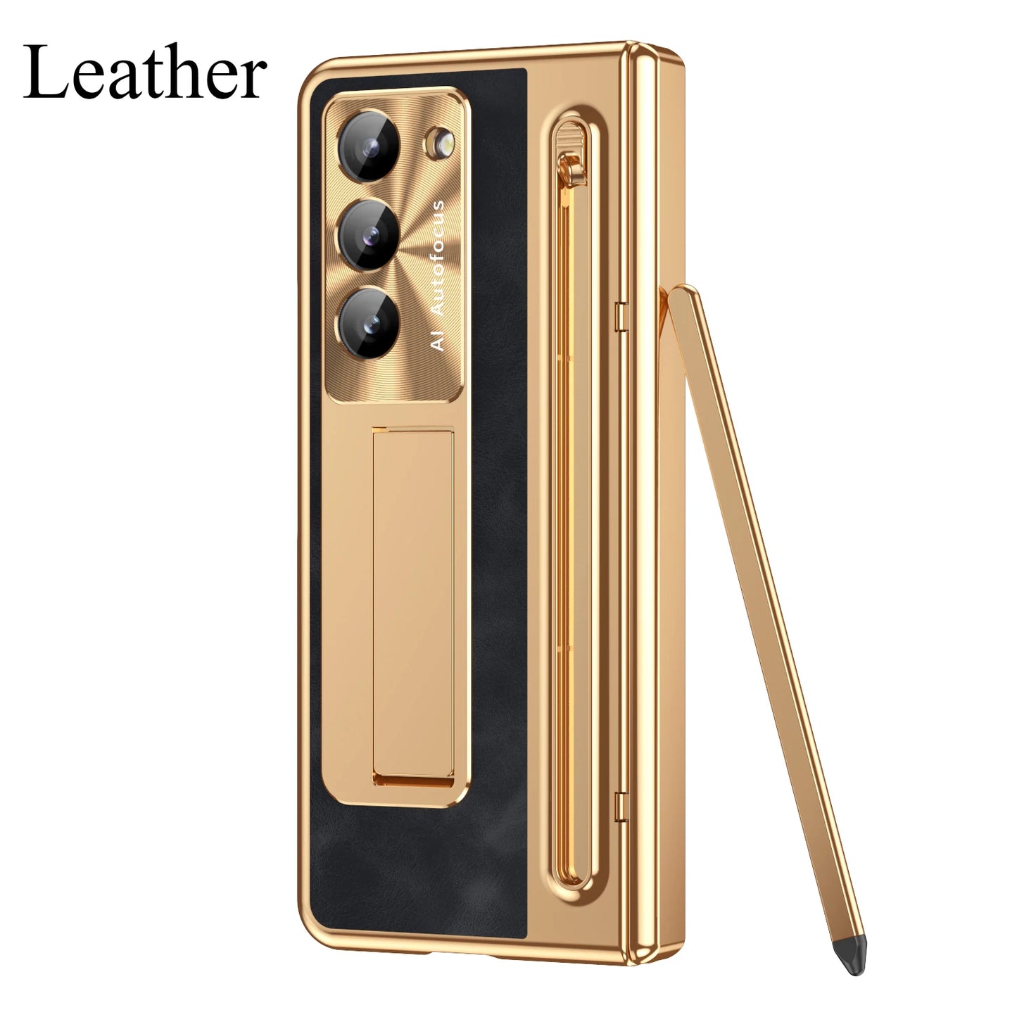 Slim Leather Case with Touch Pen for Samsung Galaxy Z Fold 6/5/W25/4/3 – Plated Hinge & Full Screen Protector Cover