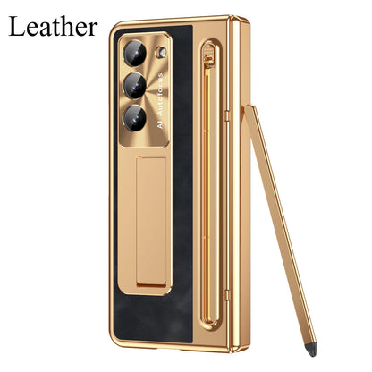 Slim Leather Case with Touch Pen for Samsung Galaxy Z Fold 6/5/W25/4/3 – Plated Hinge & Full Screen Protector Cover
