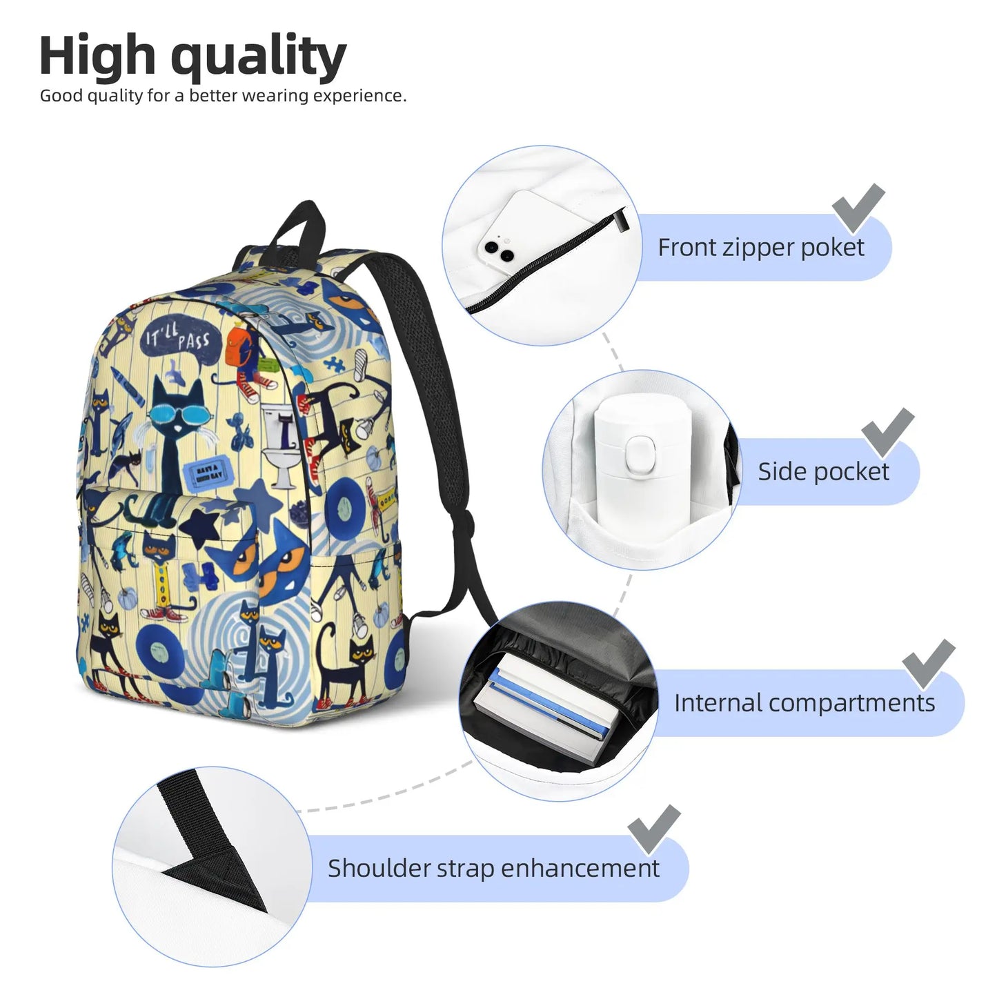 Pete The Cat Casual Backpack - Cartoon Student Laptop Shoulder Bag With Pocket For Men And Women