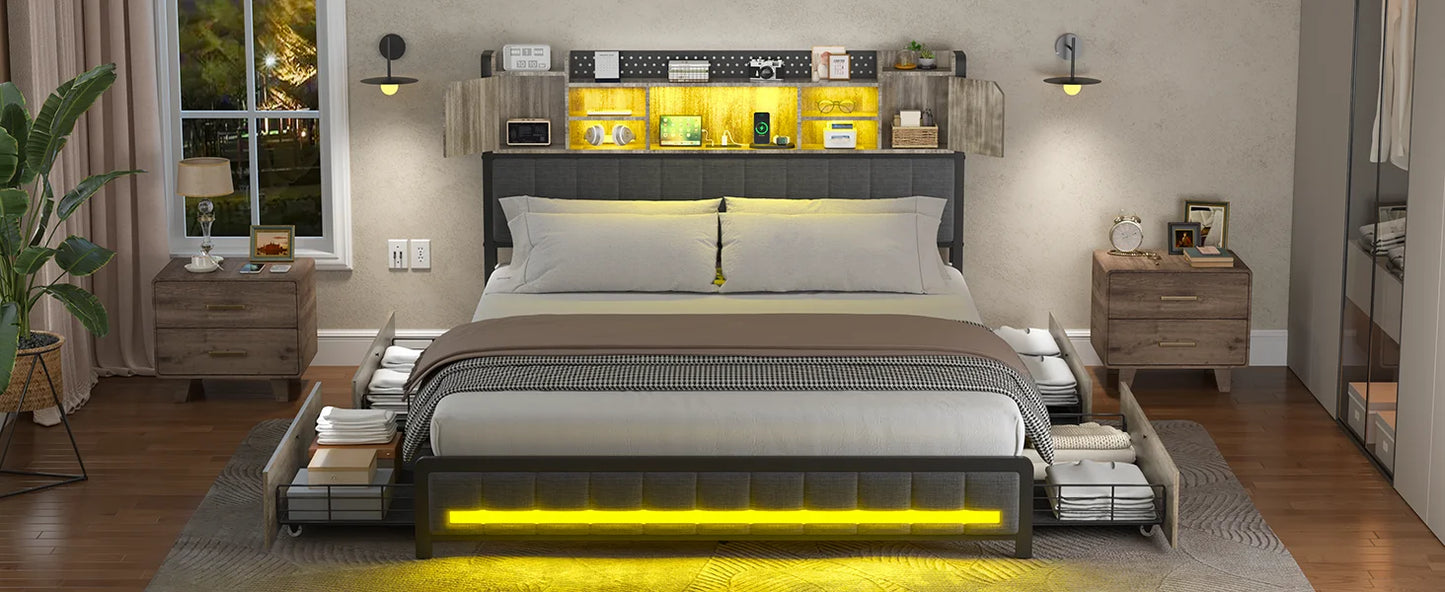 Full Size Upholstered Bed Frame with Storage Drawers, Bookcase Headboard, LED Lights & USB Charging Station