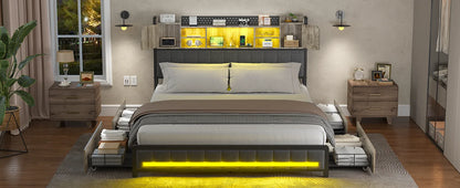 Full Size Upholstered Bed Frame with Storage Drawers, Bookcase Headboard, LED Lights & USB Charging Station