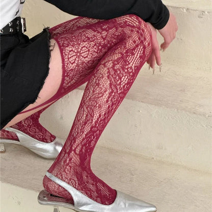 Lolita Punk Style Floral Thigh High Tights for Women, Sheer Colorful Fishnet Suspender Stockings with Garter Belt Pantyhose