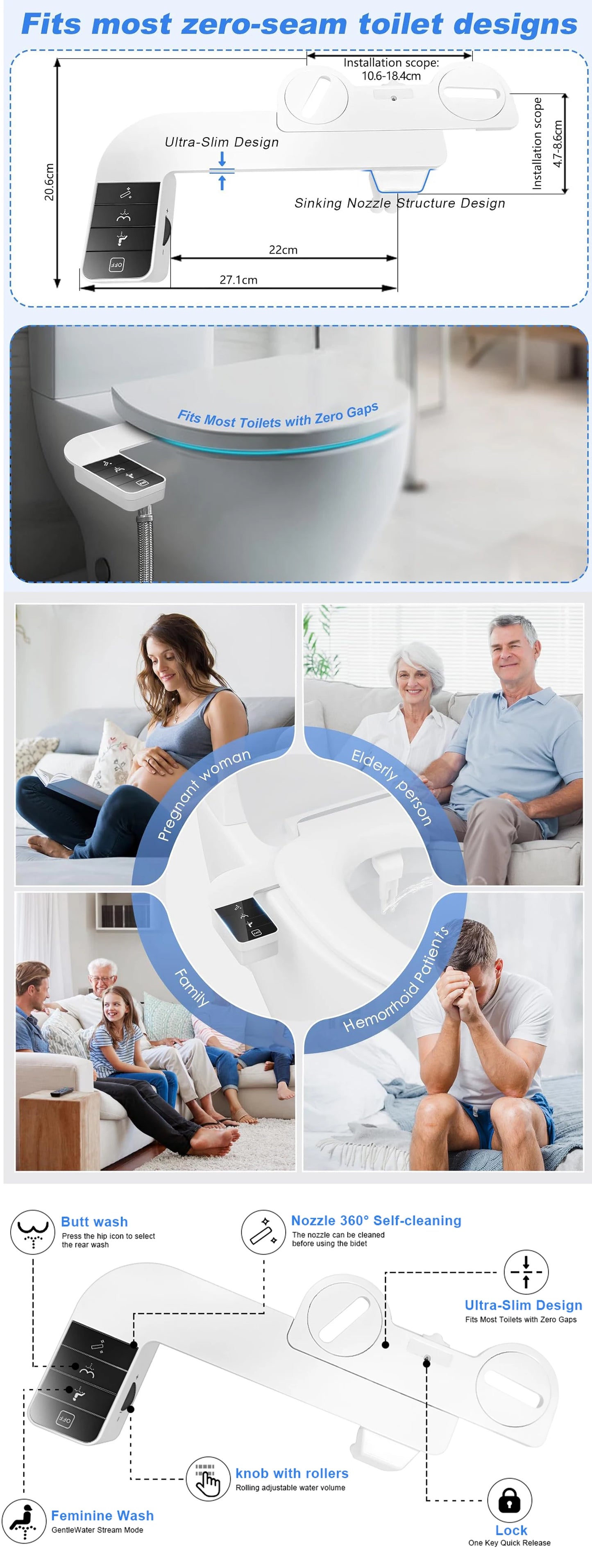 ITAX Self-Cleaning Bidet Attachment – Non-Electric Ultra-Thin Dual Nozzle with Side Arm Control for Toilet Seat
