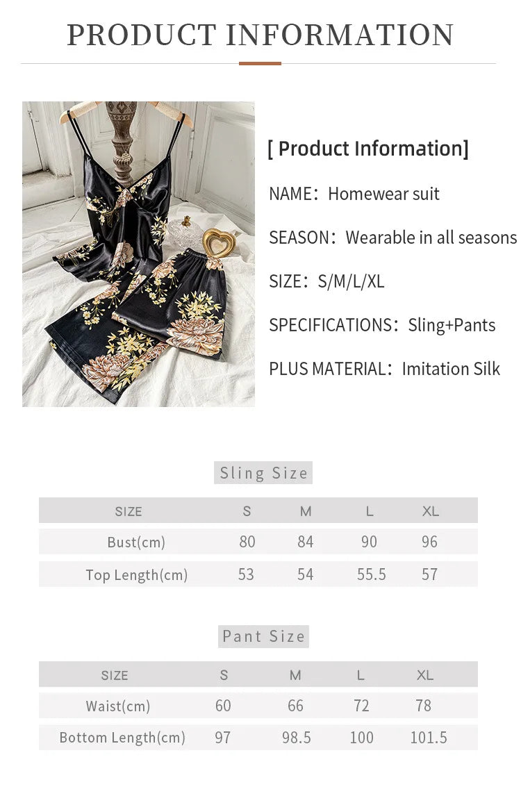 2pcs Women’s Summer Pajama Set – Printed Silk Suspenders Top & Long Pants Breathable Homewear