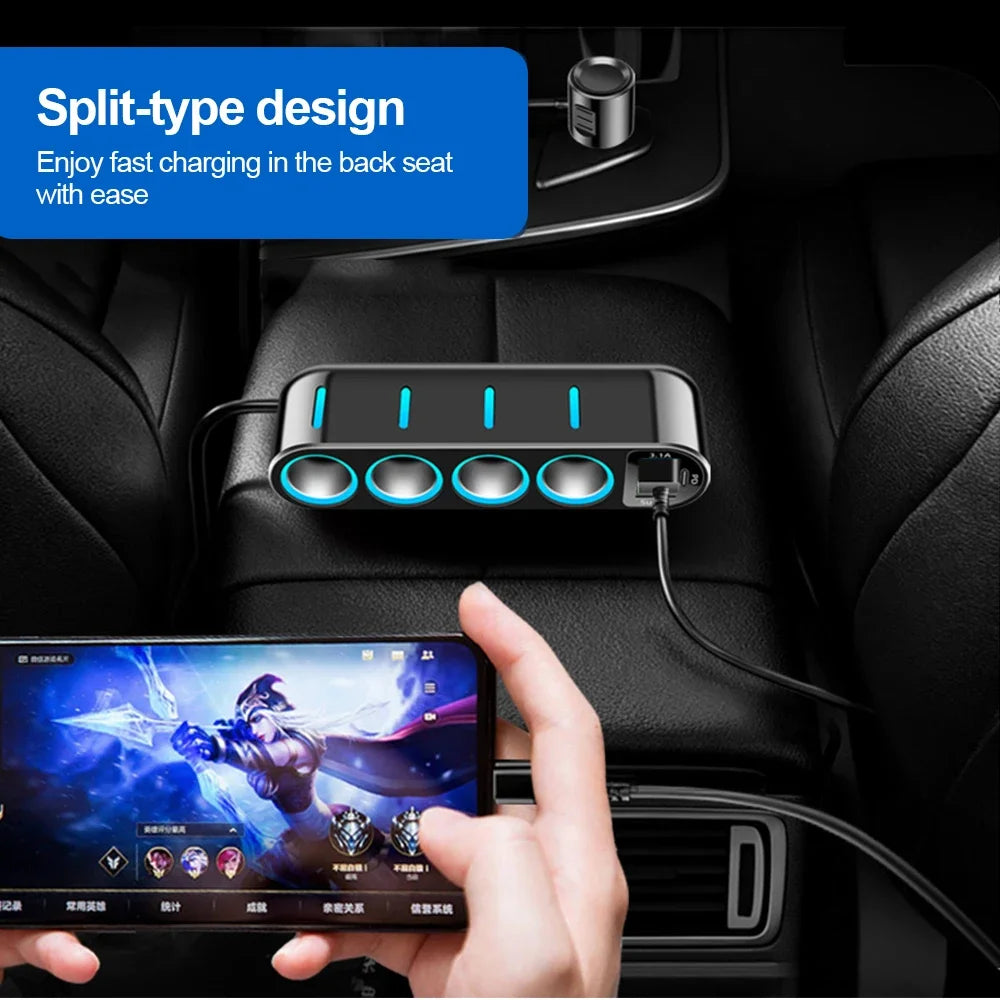 7-in-1 Car Fast Charger Adapter - 12–24V 66W PD Dual USB Cigarette Lighter Splitter with 4 Power Sockets