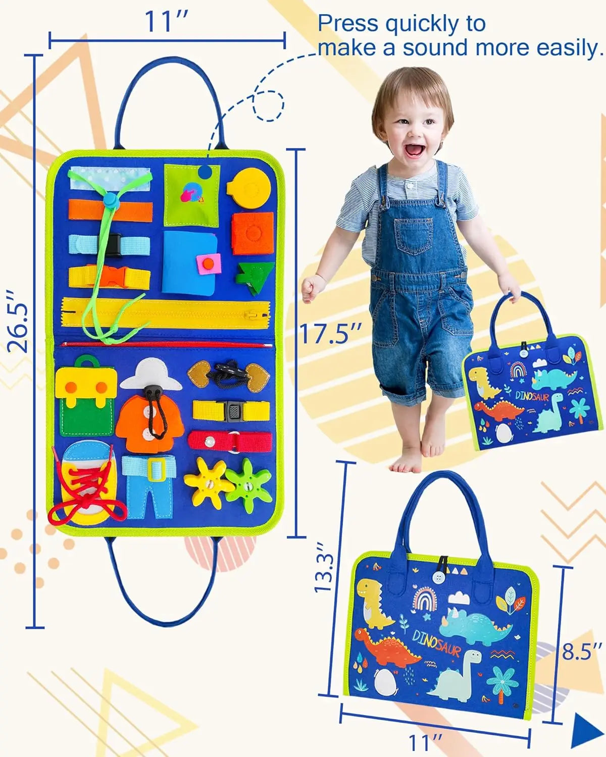 Montessori Toddler Busy Board – Dinosaur Dress-Up Sensory Toy for Learning Life Skills & Travel Backpack