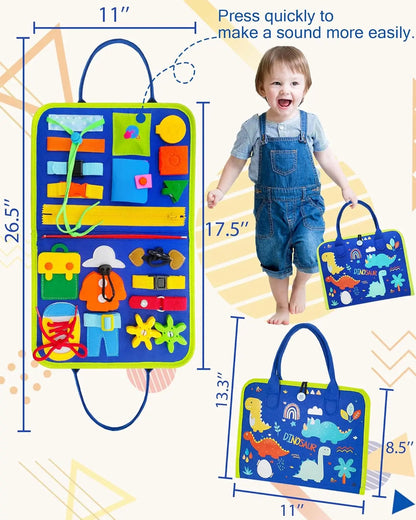 Toddler Montessori Busy Board – Dinosaur Dress-Up, Learning & Sensory Activities, Travel Toy & Life Skills Backpack