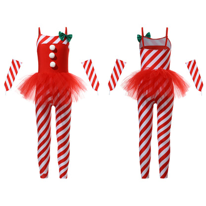 Kids Candy Cane Striped Christmas Tutu Leotard — Sequined Santa Bodysuit for Ballet & Gymnastics