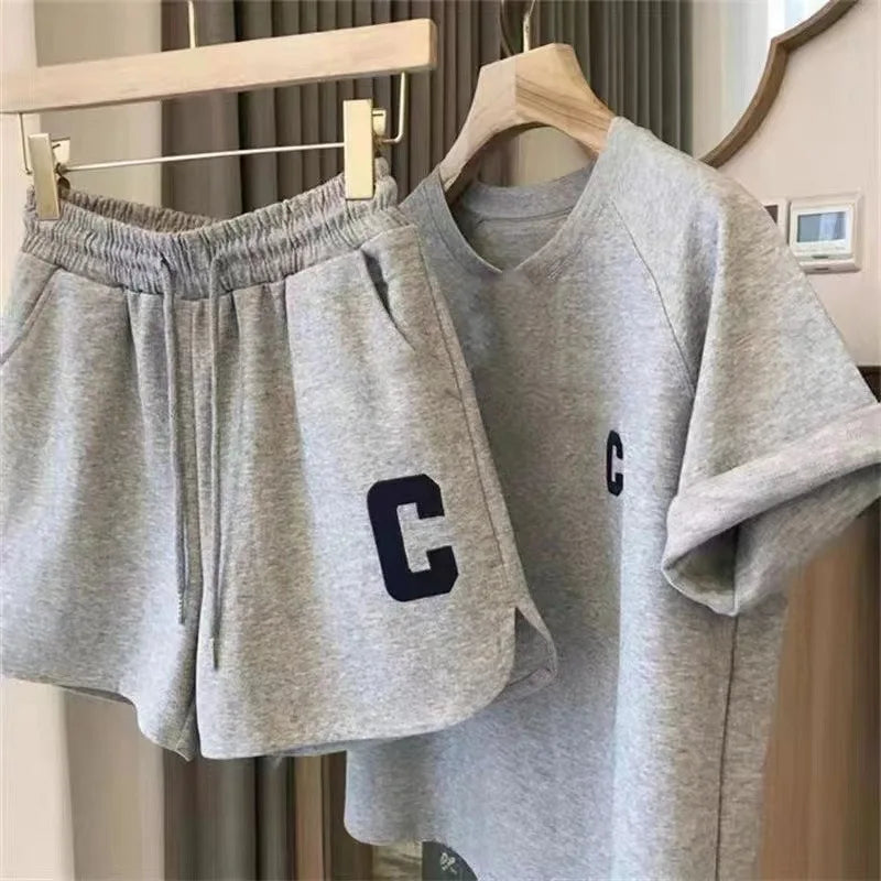 Women's 2-Piece Summer Pajamas Set – Loose Short Sleeve T-Shirt and Casual Shorts with Sports Letter Print, Large Size Homewear