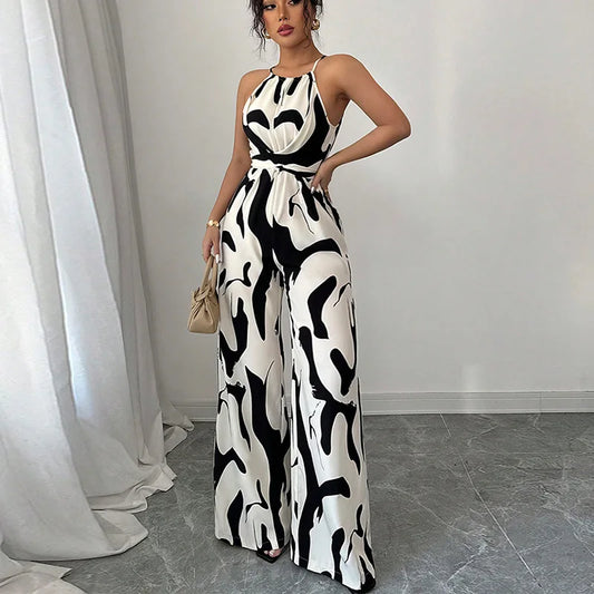 Summer Geometric Print Halter Neck Women’s Jumpsuit – Sexy Casual Party Romper Outfit for Women
